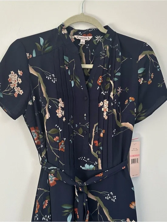 (NWT) NANETTE LEPORE Navy Floral Print Pintuck Dress - Picture 7 of 16